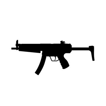 Black silhouette of machine gun on white background. Weapons of police and army. Vector illustration