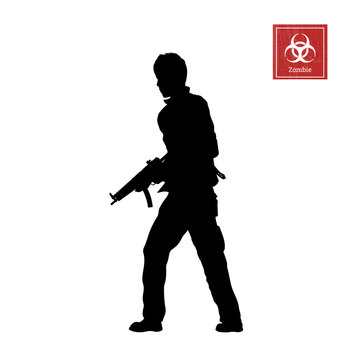 Black silhouette of man with rifle on white background. Zombie shooter. Character for computer game or thriller. Vector illustration