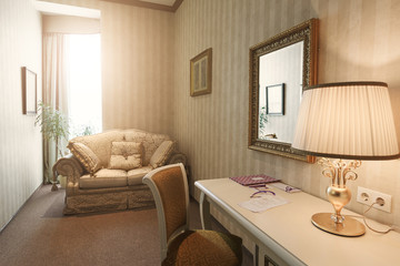 Interior of double bed hotel bedroom