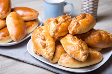 Traditional Russian baked pies (pirozhki). Close-up, selective focus. © tasha_lyubina