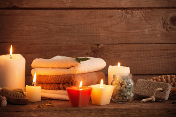 Beautiful composition of spa treatment on dark wooden  background