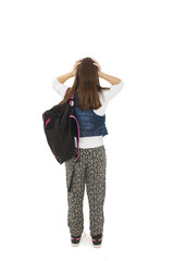 Young student girl with hands on head. Back view. Isolated on white background