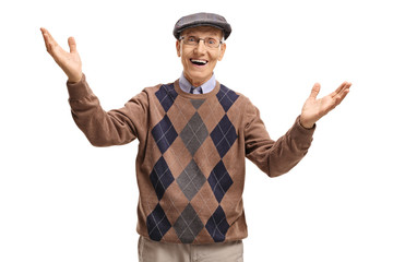 Cheerful elderly man making a welcome gesture