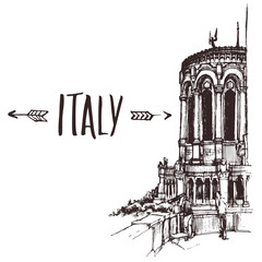 Hand drawn Basilica, minor basilica in Lyon urban sketch. Hand-drawn book illustration, touristic postcard or poster template in vector