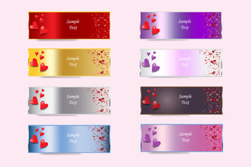 Set of colorful metal banners of Valentine's Day or wedding day with hearts and free place for your text