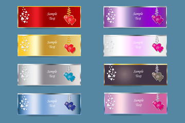 Set of colorful metal banners of Valentine's Day or wedding day with hearts hanging on the ribbon and free place for your text