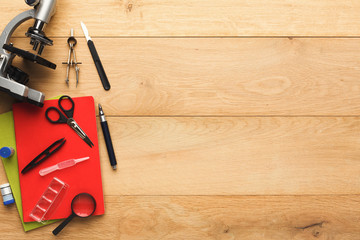 Desktop with various stationery for school education, top view