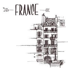 Hand drawn Paris house, townhouse urban sketch. Hand-drawn book illustration, touristic postcard or poster template in vector
