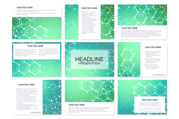 Big set of vector templates for presentation slides. Modern graphic background structure molecule and communication. Scientific pattern atom DNA. Medical, science, chemistry design.