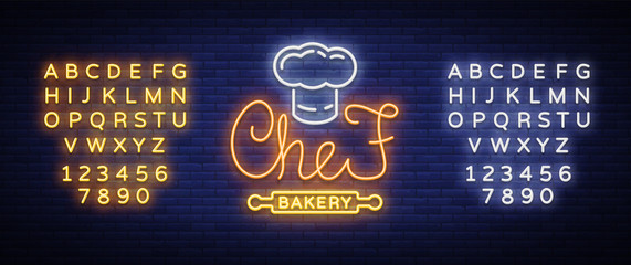 Bakery products logo, fresh bread, loaf. Neon sign, bright banner, shining symbol on the topic of fresh pastries and bakery products. Vector illustration. Editing text neon sign. Neon alphabet