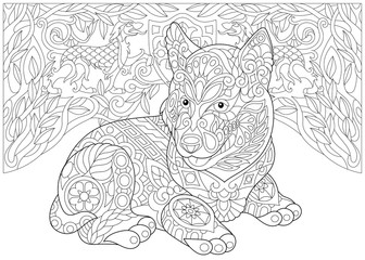 Coloring Page. Adult Coloring Book. Siberian Husky Puppy (Alaskan malamute). Coat of arms with two Heraldic Dogs. Freehand sketch drawing with doodle and zentangle elements.