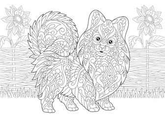 Coloring Page. Adult Coloring Book. Pomeranian spitz, dog symbol of 2018 Chinese New Year. Rural scene with sunflowers. Antistress freehand sketch drawing with doodle and zentangle elements.