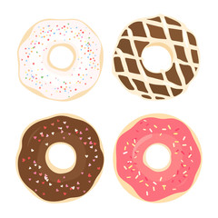 Set of 4 color hand drawn donuts in modern flat style. Donut isolated for your design