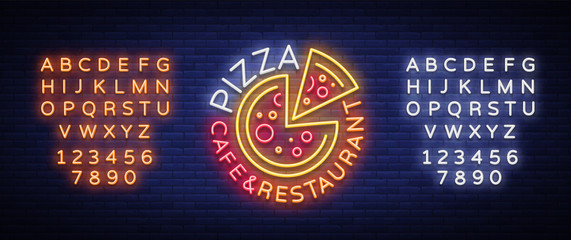 Naklejka premium Pizza logo in neon style. Neon sign, emblem on Italian food. Pizza cafe, restaurant, fast food, dining room, pizzeria. Night shining pizza advertisement. Vector illustration. Editing text neon sign