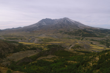 Barren landscape around crater of Mount Saint Helens volcano in Washington, USA