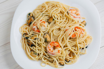 Seafood pasta Spaghetti with mussels and tiger prawns