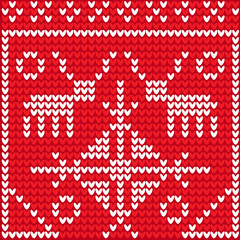 Fototapeta na wymiar This illustration represents a white rendeer knitted on a red background