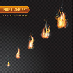 Realistic burning fire flame set, vector effect with transparency.
