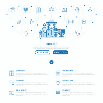 Judaism concept with thin line icons: Orthodox jew, star of David, sufganiyot, hamsa, candles, synagogue, skullcap, rosary, Western Wal, Tanakh. Modern vector illustration, web page template.