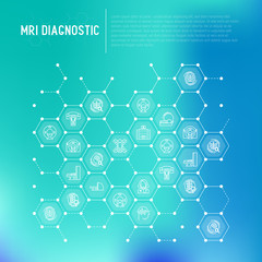 MRI diagnostics concept in honeycombs with thin line icons. Modern vector illustration of laboratory equipment for web page template, print media, banner.