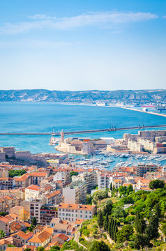 Aerial view of Saint Jean Castle and Cathedral de la Major and the old Vieux port in Marseille, France