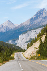 Scenic Icefields Parkway highway in Rocky Mountains, Alberta, Canada on sunny day