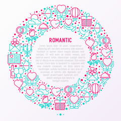 Romantic concept in circle with thin line icons, related to dating, honeymoon, Valentine's day. Modern vector illustration, web page template about Valentine's day.