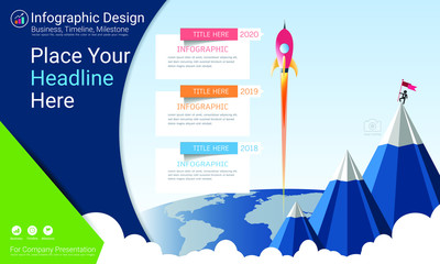 Business infographics report, Milestone timeline or Road map with Process flowchart 3 options, Strategic plan to define company values, Scheduling in project management to make facts and statistics.