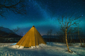 Winter Landscape with Eskimo Tent and Northern Lights. - obrazy, fototapety, plakaty