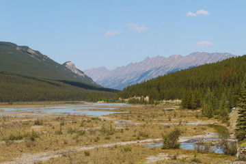 Fototapeta na wymiar Scenic remote wide valley with river and forest in Rocky Mountains in Canada on sunny day