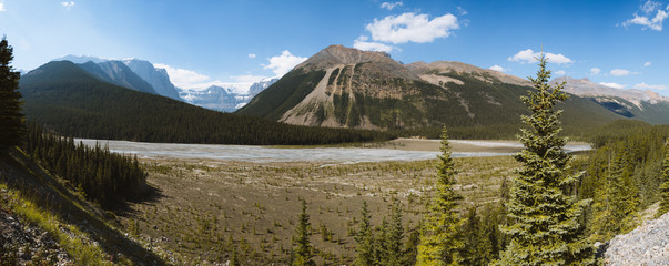 Scenic remote wide valley with river and forest in Rocky Mountains in Canada on sunny day