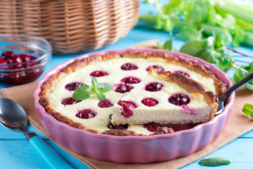 Homemade cake with cherry with cottage cheese filling