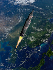 Takeoff of the intercontinental ballistic missile from Northern Korea against the background of the planet earth.Nuclear missile bomb. NASA terrain.