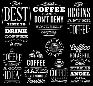 vector set of decorative inscriptions on black background on a theme of coffee