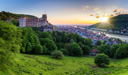 Panoramic view of beautiful medieval town Heidelberg including Carl Theodor Old Bridge, Neckar river, Church of the Holy Spirit, Germany - obrazy, fototapety, plakaty