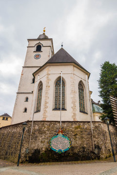 St.Wolfgang pilgrimage church in austrian alpine town Wolfgangsee. Popular touristic destination.  The church has a late Gothic altarpiece by painter and sculptor  Michael Pacher, completed in 1481.