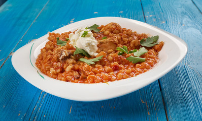 Barley risotto with marinated chicken