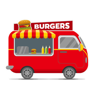 Burgers street food caravan trailer. Colorful vector illustration, cartoon style, isolated on white background