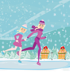 mother and her cute daughter on a skating rink