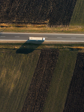 Aerial View Of Freight Transportation Truck On The Road