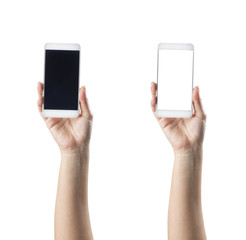 Fototapeta na wymiar Hand holding smart phone isolated on white background