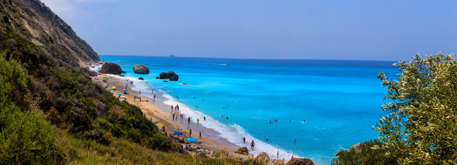 Fototapeta premium Panoramic view of the tropical sea at the Megali Petra Beach in Lefkada Island, Greece
