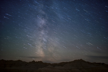 The Milky Way and star trails over Toadstool Geologic Park in northwestern Nebraska