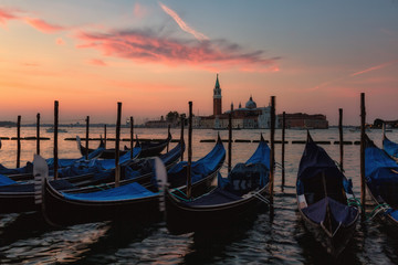 Gondolas in  Grand Canal on sunrise, Venice, Italy