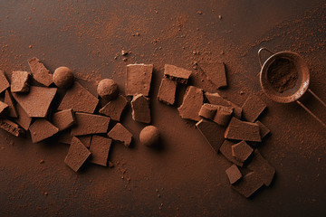 Top view of arrangement of various types of chocolate, truffles and sieve with cocoa powder