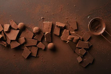 Foto op Canvas Top view of arrangement of various types of chocolate, truffles and sieve with cocoa powder © LIGHTFIELD STUDIOS