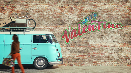 Van parked on the side walls and the text happy valentine. 3d render and illustration.