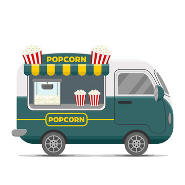 Popcorn street food caravan trailer. Colorful vector illustration, cute style, isolated on white background