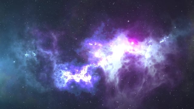 Space background. Camera is flying through the blue and magenta coloured nebula. The stars are everywhere around. Looped video.