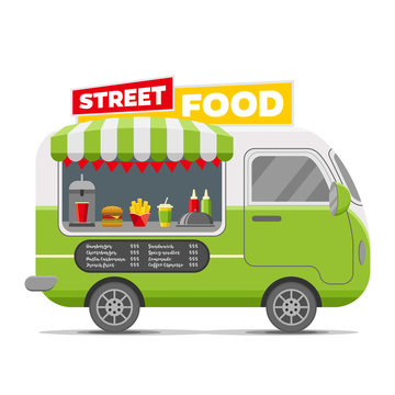 Fast street food caravan trailer. Colorful vector illustration, cute style, isolated on white background
